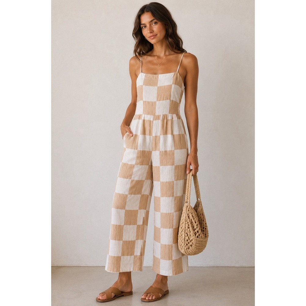Brixton Checkered Jumpsuit Women Yellow Cream Adjustable Straps Small Wide Leg